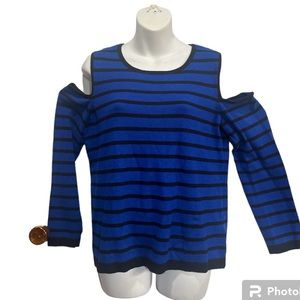Cable & Gauge blue and Black stripe cold shoulder sweater  size large